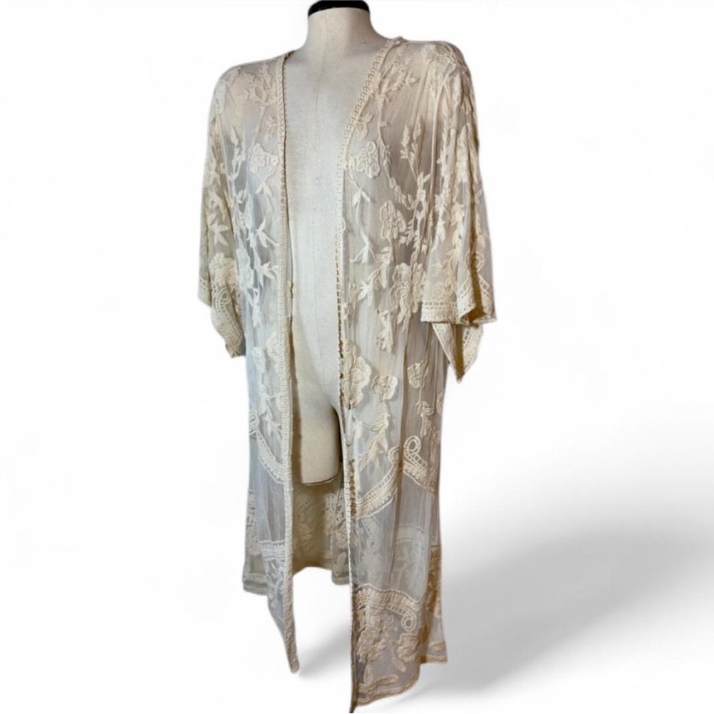 Now N Forever Cream Sheer Lace Kimono Cardigan M/L Boho Cover-Up